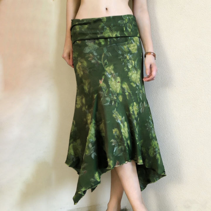 Dame asymmetrisk wrap nederdel med blomstermotiv og elastisk talje Skovae