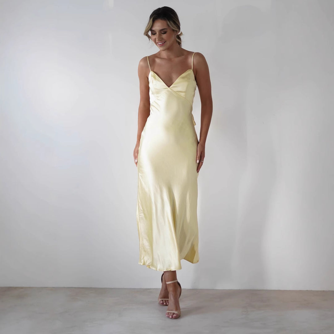 Ladies Satin Maxi Dress in elegant cut with narrow spaghetti straps Skovae