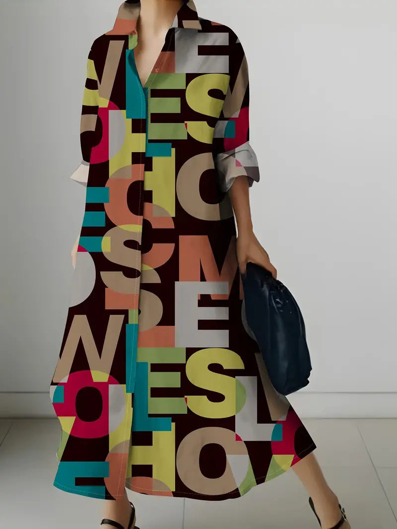 Dame skjortekjole med farverig lettering-design og let stof Stilla