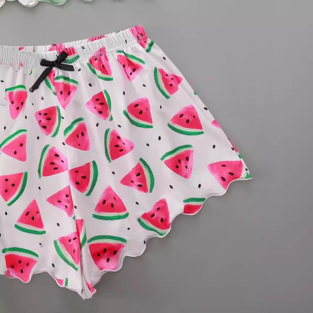 Dame sommerligt crop-top og shorts sæt med vandmelon motiv Stilla