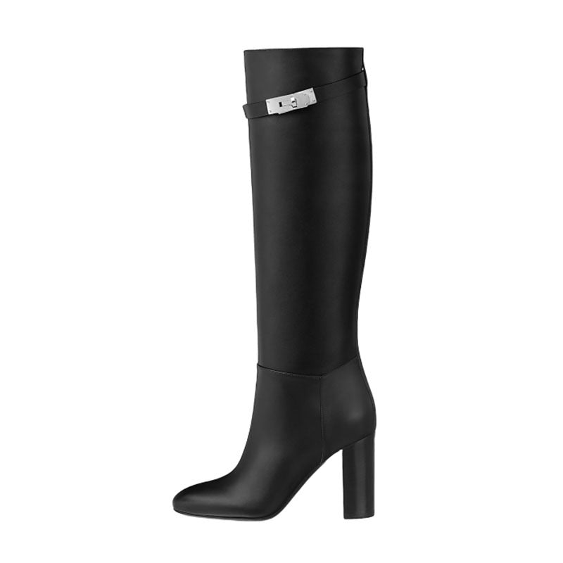 Femme Elegante Lange Læder Stiletto Støvler med Justerbar Spænde-Detail Stilla