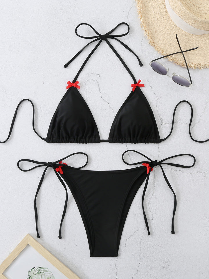 Dame Triangel-Bikini-sæt med justerbare stropper og dekorative sløjfer Skovae