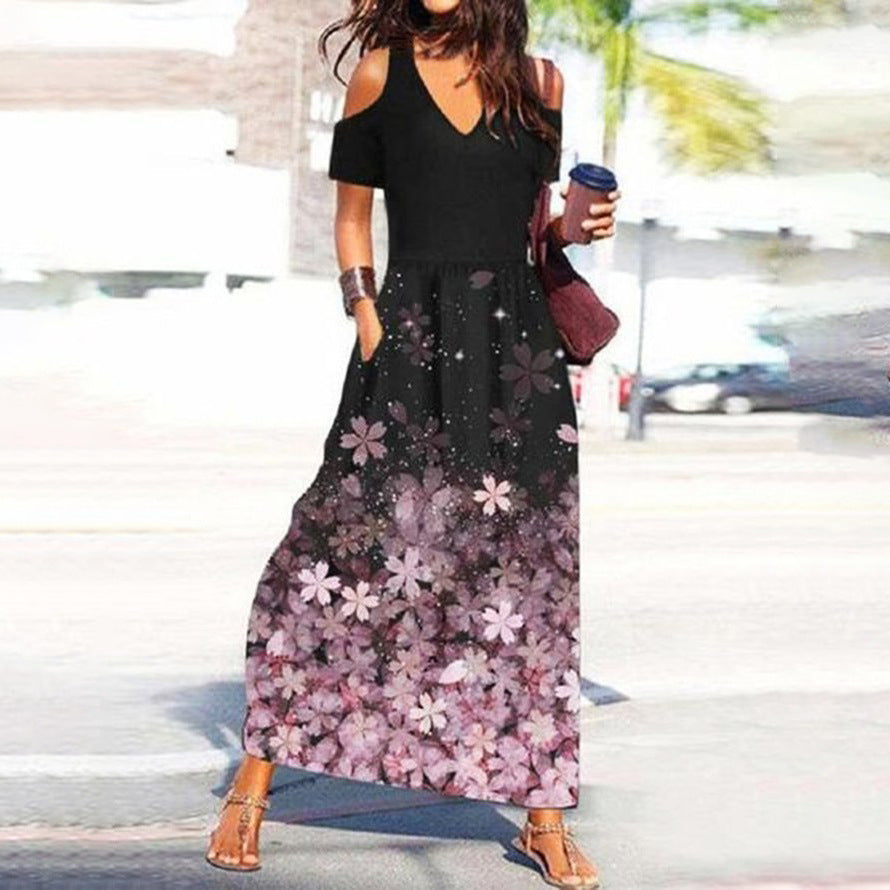 Stilla | Chic Blomsterprint V-Hals Off-Shoulder Kjole