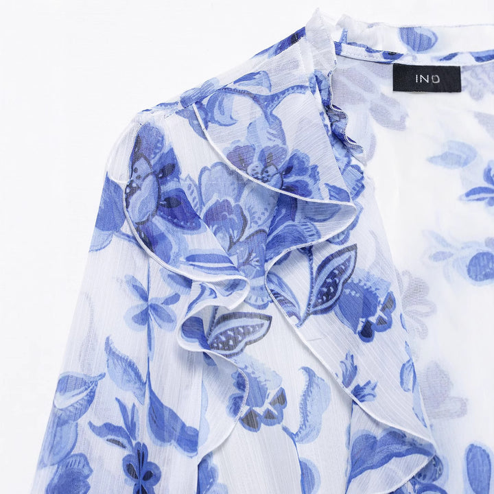 Dame Floral-Print Langærmet Kjole med Bælte Stilla