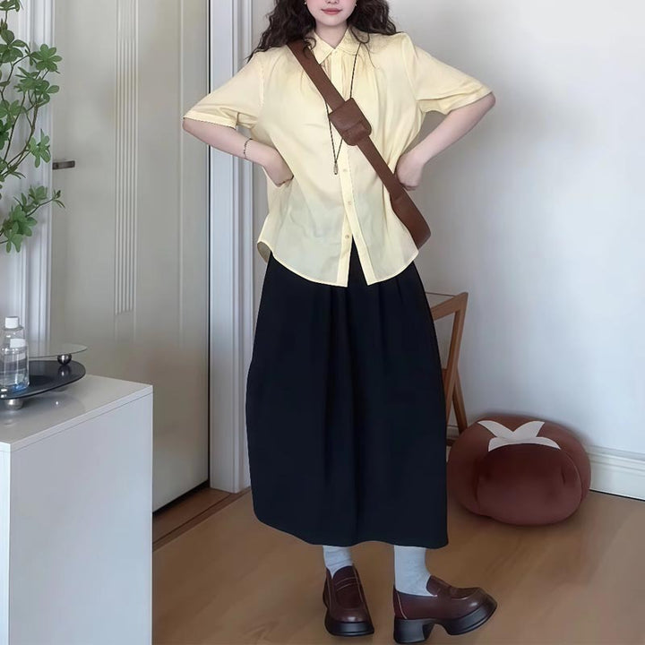 Femme Relaxed Fit Button-Up Skjorte og Flared Maxi Nederdel Sæt Stilla