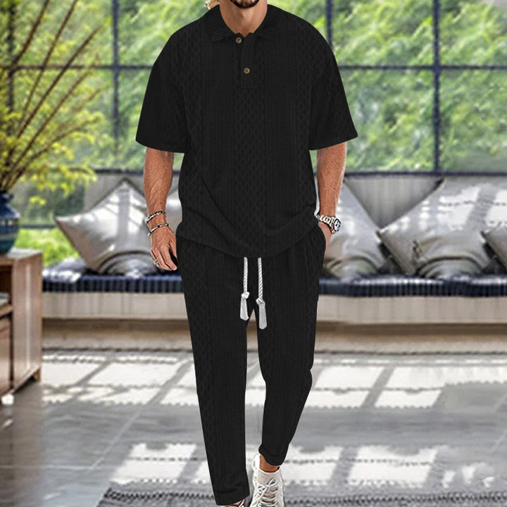 Herrer nan Jacquard-loungewear-sæt med polokrave, snortræk og konisk skåret joggerbukser Skovae