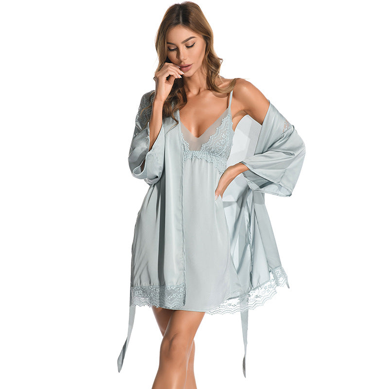 Dame Satin Kimono-Kjole med delikat Blonde og Bælte Stilla
