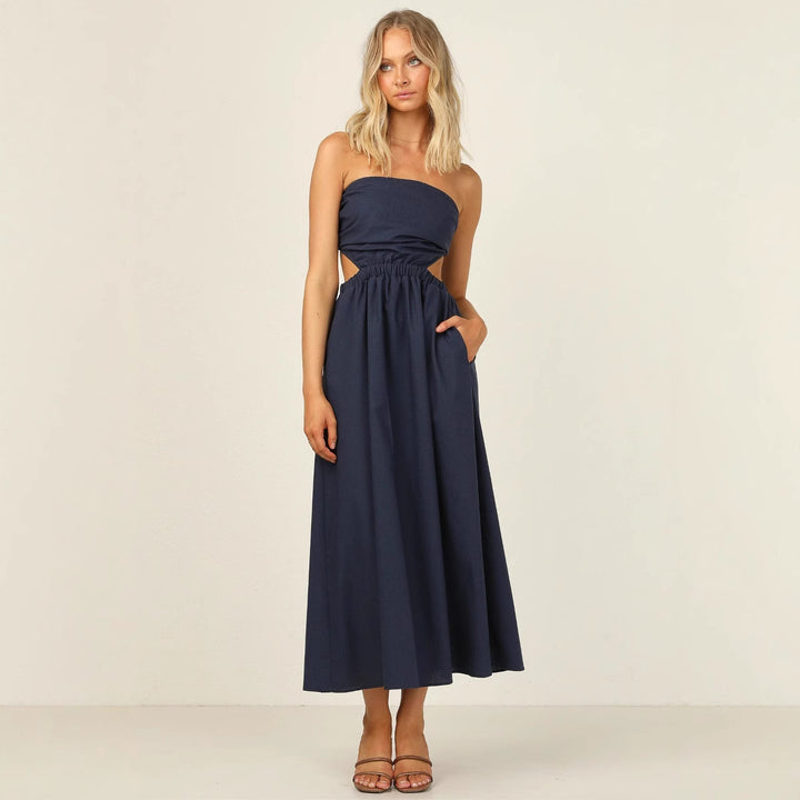 Women Strapless Maxi Dress with Side Cut-Out and Practical Pocket Design Skovae