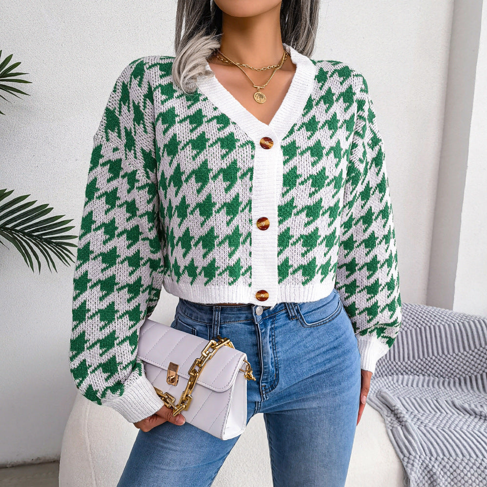 Dame Kort skåret strikjakke med moderne houndstooth-mønster Stilla