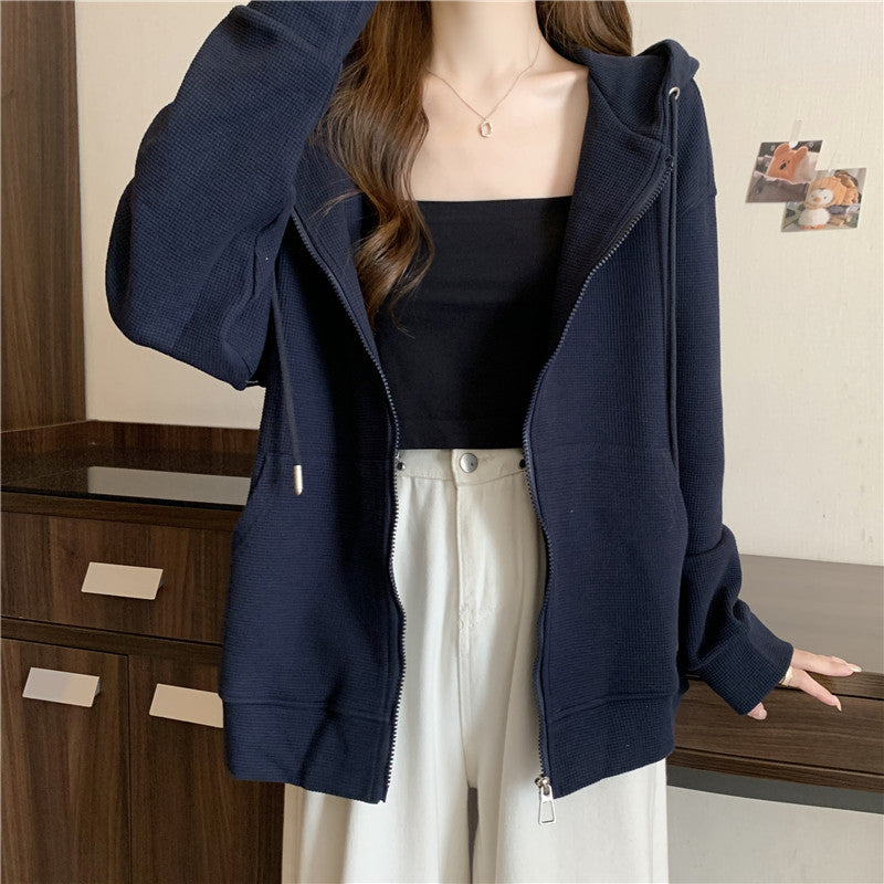 Femme Zip-Up Vaffelstrik Hoodie med Oversized Pasform Stilla