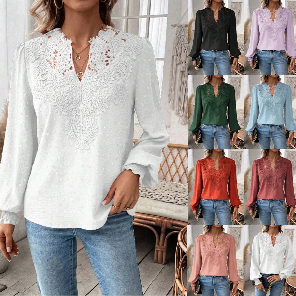 Dame elegant bluse med hulbroderi og voluminøse ærmer Stilla