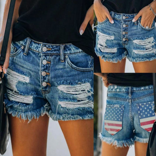 Dame Denim-Shorts i cool Used-Look med patriotiske accenter Stilla