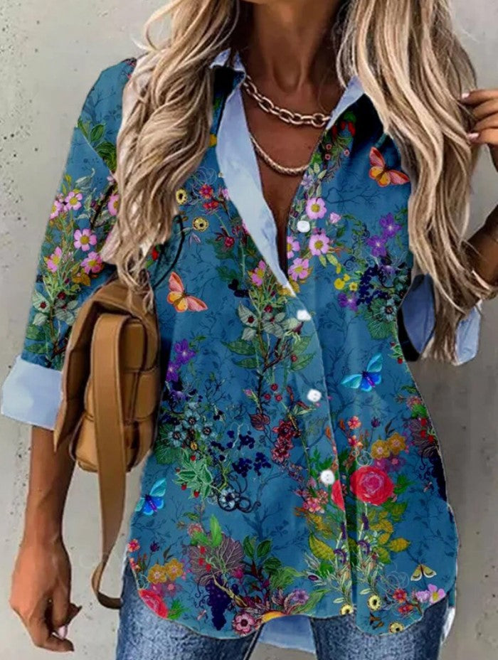 Dame bluse top med florale detaljer og elegant krave Stilla