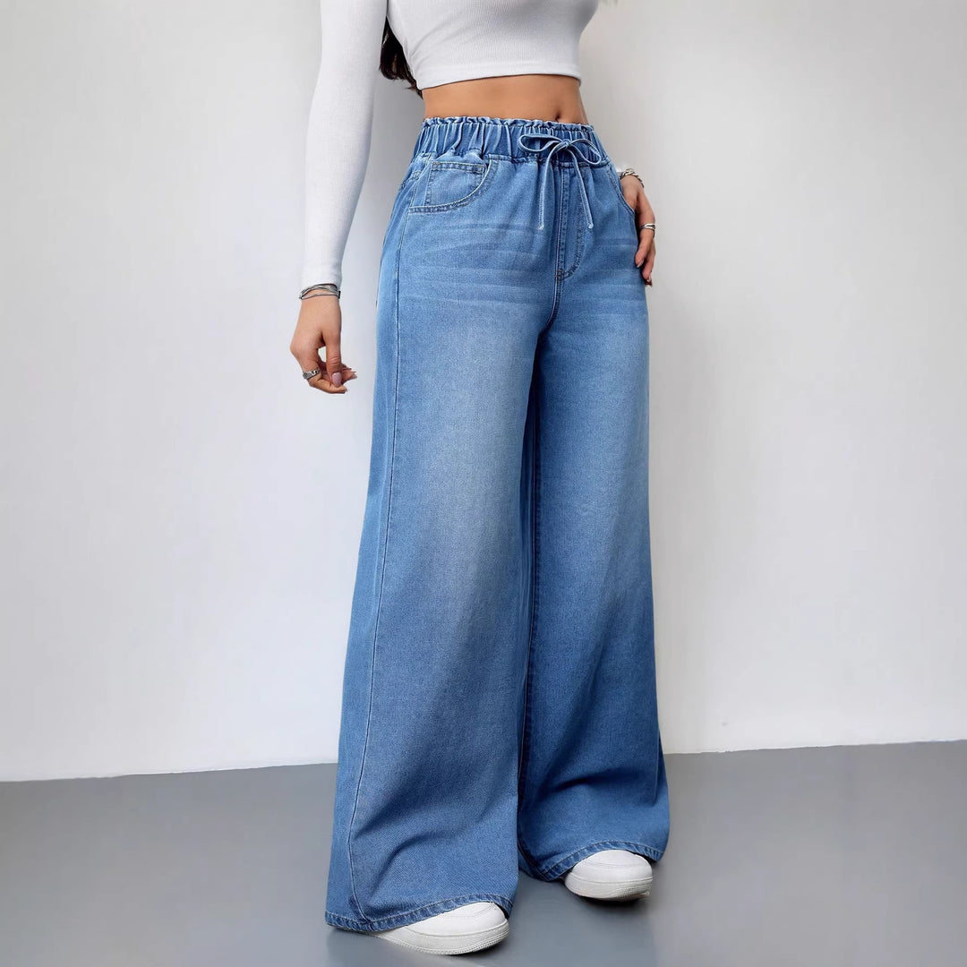 Dame brede denimbukser med elastisk talje og praktiske lommer