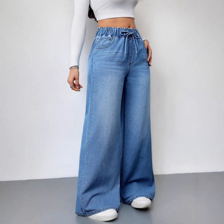 Dame brede denimbukser med elastisk talje og praktiske lommer