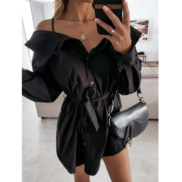 Dame Off-Shoulder Knappeløs Blusekjole med Knappet Talje
