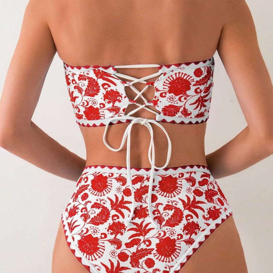 Dame Bandeau-bikini-sæt med farverigt blomstermønster og elastisk bælte Skovae