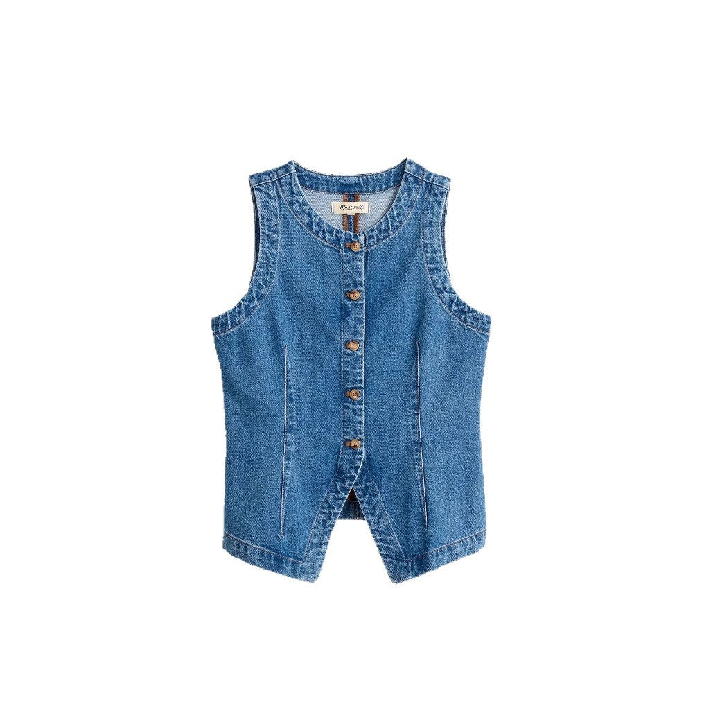 Dame denim jakke med asymmetrisk snit og dekorative knapper Skovae