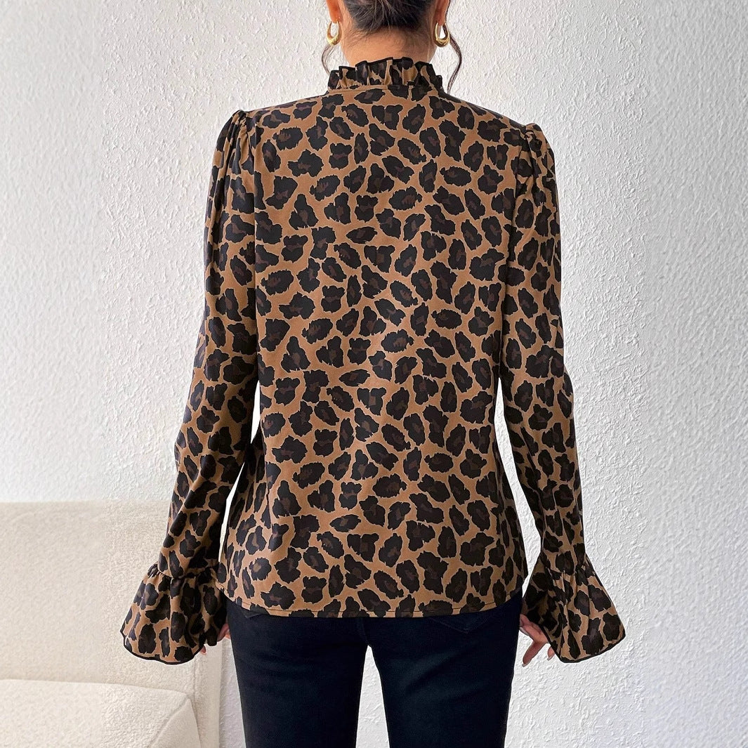 Damebluse med voluminøse ærmer og kreativ leopardmønster Stilla
