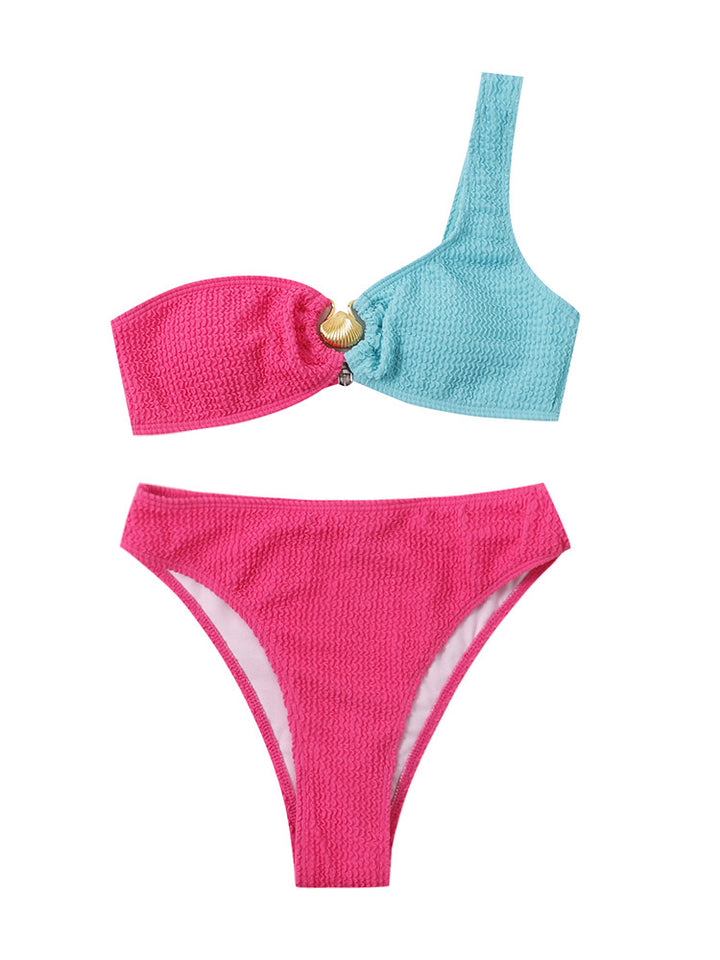 Dame En-Skulder Teksturert Bikini-Sæt Stilla