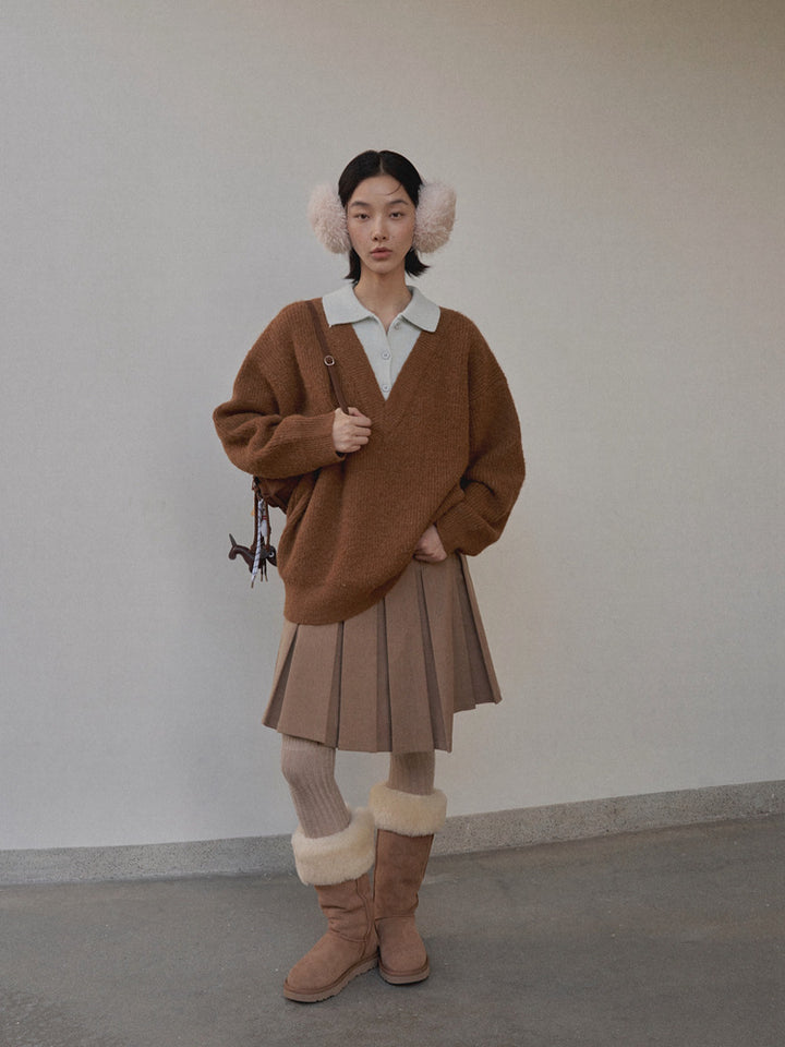 Dame oversized strikpullover med V-udskæring og voluminøse ærmer Stilla
