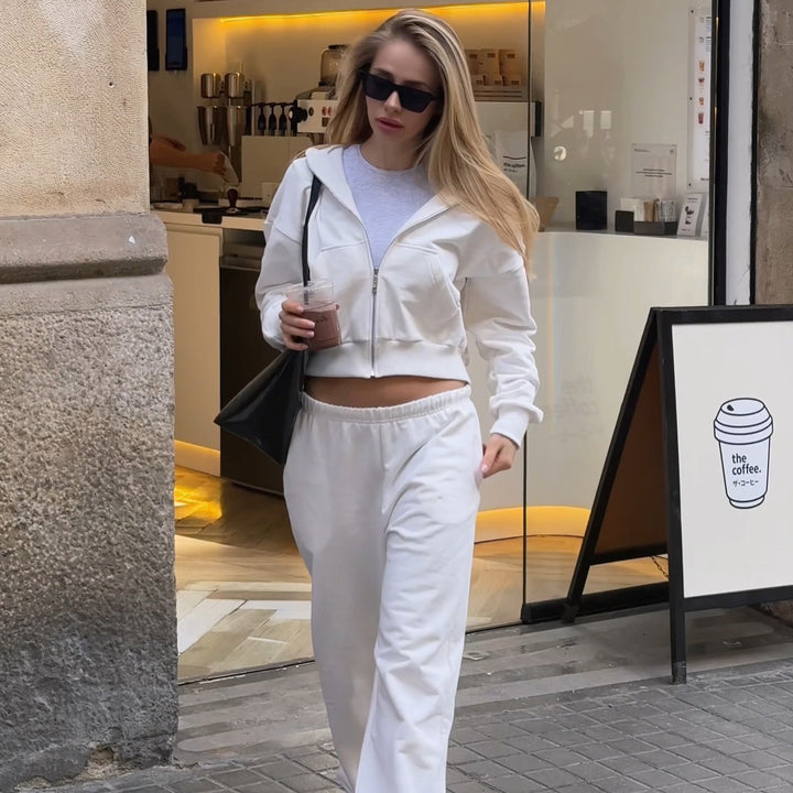 Kvinders cropped sweat-jakke og afslappet jogger-bukser sæt Skovae