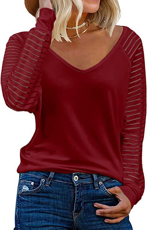 Dame V-hals top med transparente stribearm Stilla