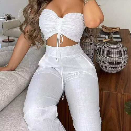 Dame To-delt Outfit lavet af let materiale med justerbar Crop-Top og High-Waist-Bukser Skovae