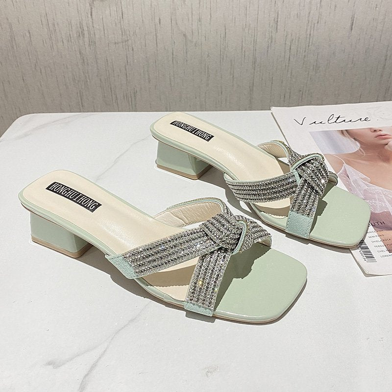 Dame elegante sandaler med strasspynt og komfortabel blokhæl Stilla