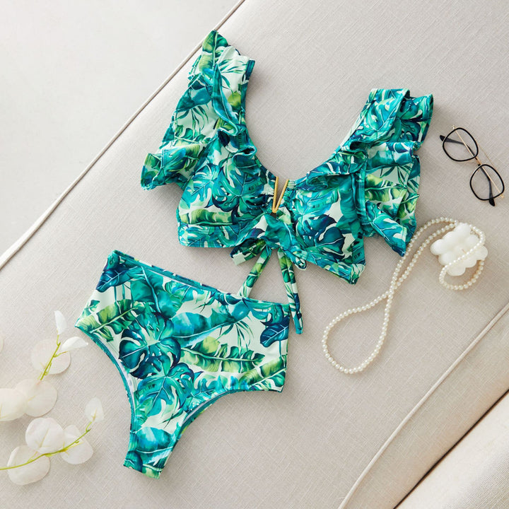 Dame bikini-sæt med voluminøse flæseærmer og blomstret design Stilla