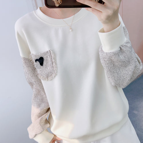 Dame casual sweatshirt med unikke ærmer og hjerte-applikation Stilla