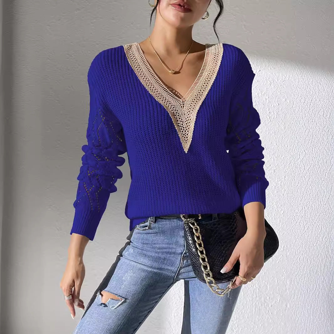 Damer elegant V-hals pullover med luftig hæklestruktur Stilla