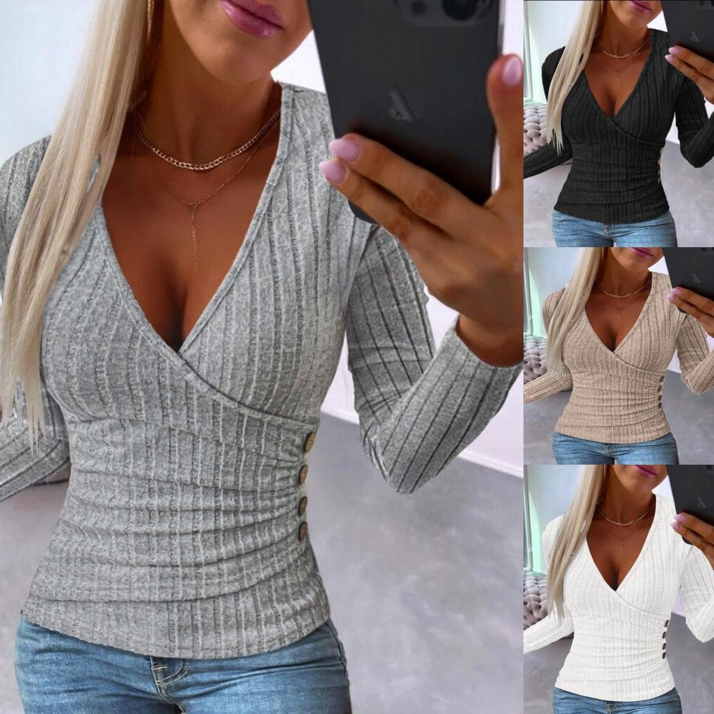 Dame indpakningstop med moderigtig ribdesign og knapper Stilla