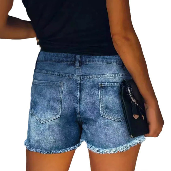 Dame Destroyed Denim-Shorts med frynsede lommer og stilfulde patches Skovae