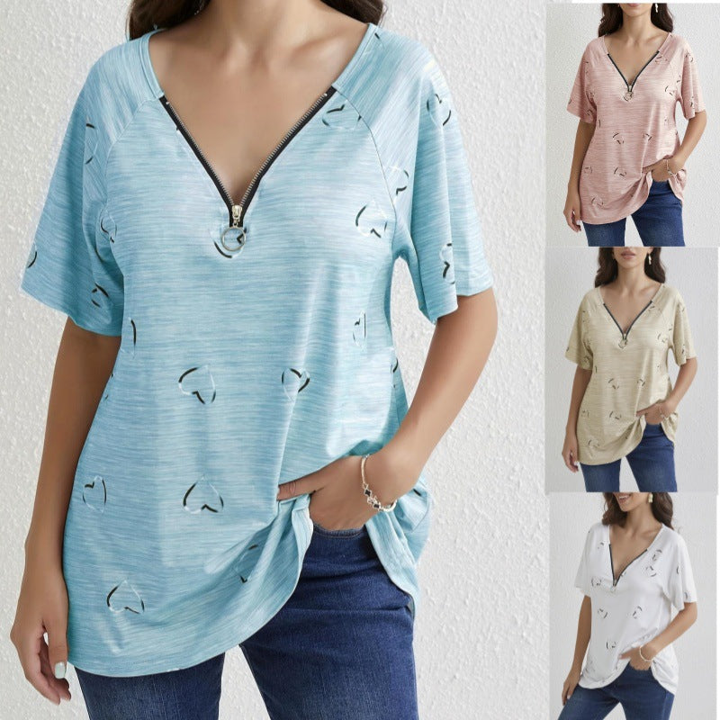 Dame moderne oversized T-shirt med halvtransparent hjerte design og moderne lynlås Stilla