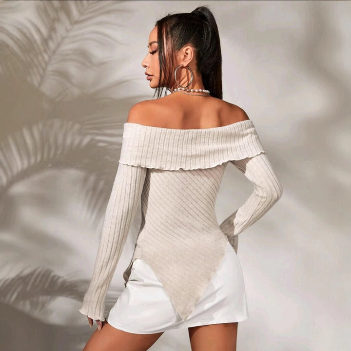 Dame Off-Shoulder Strikoverdel med ribstruktur og dekorativt bånd Stilla