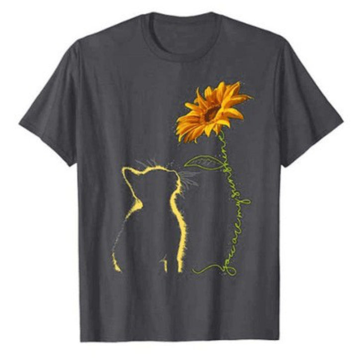 Kvinders T-shirt med kreativ kat og solsikke motiv Stilla