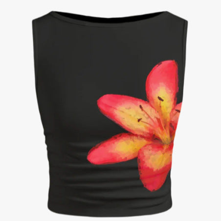 Dame ærmeløs crop-top med blomsterprint og tætsiddende snit Skovae