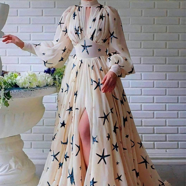 Stilla | Elegant Lantern Ærme Big Hem Chiffon Aftenkjole