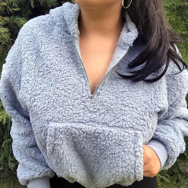 Dame Fleece Hoodie-trøje med halvhøj lynlås og praktisk kængurulomme Stilla