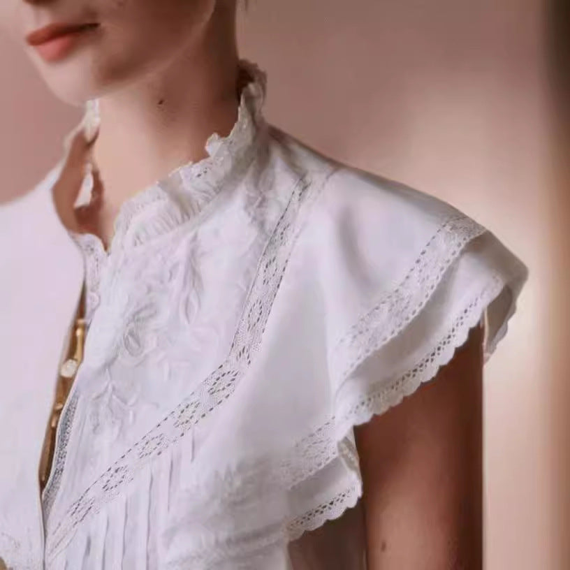 Dame elegant spidsbluse med flæser og folder Stilla