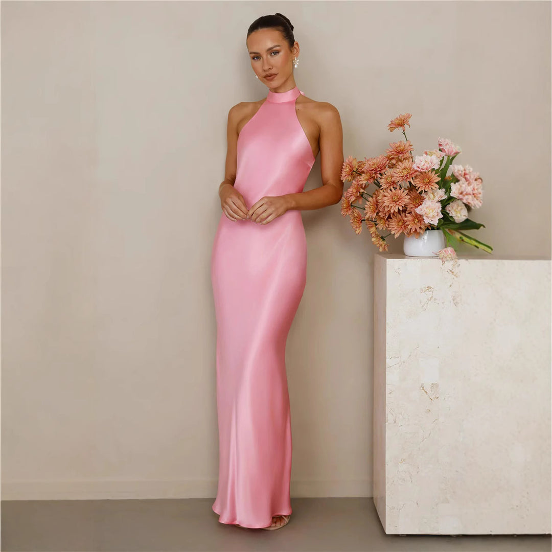 Damer Elegant Satin Maxi Kjole med Høj Krave og Tætsiddende Pasform Skovae