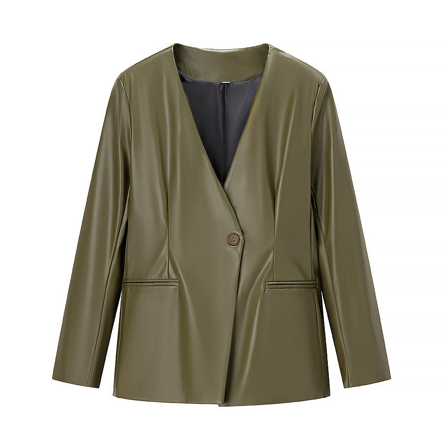 Damer Elegant Faux Læder Blazer Jakke med Modern Cut og Lommer Stilla