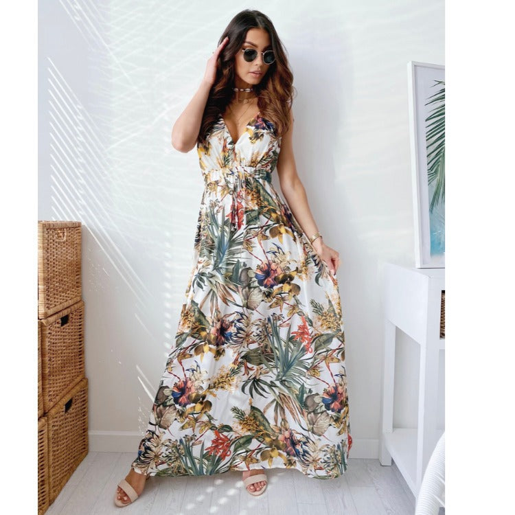 Kvinder Tropical Print Maxi Kjole med justerbart Bindebælte Stilla