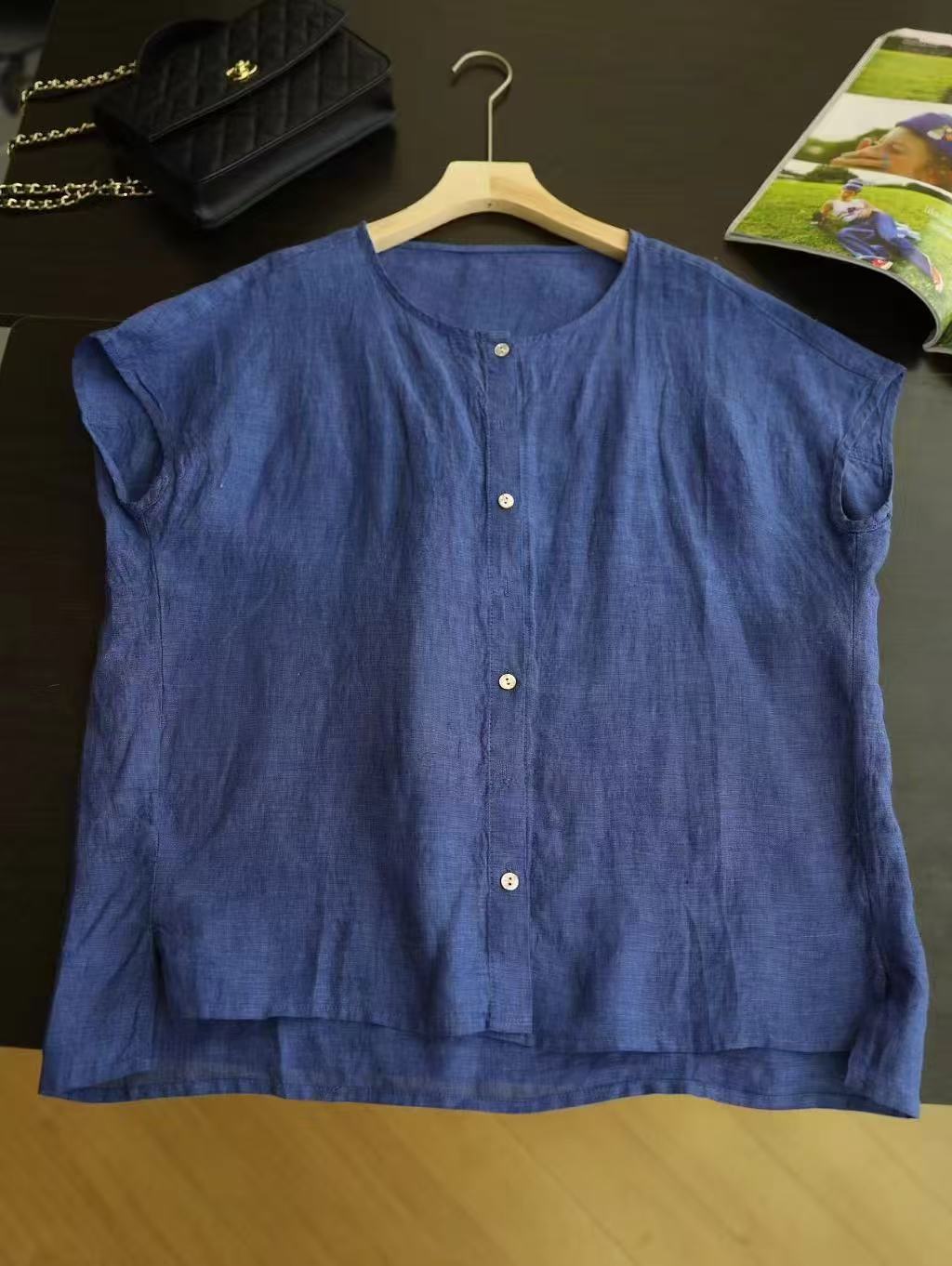 Femme Korte ærmer Knap-op Linned Bluse Stilla