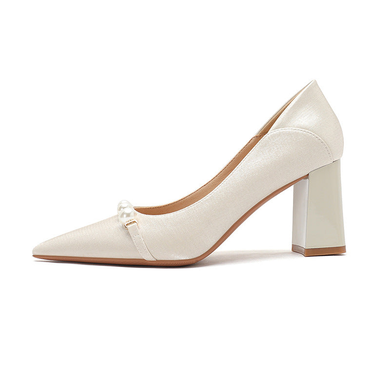 Dame Elegante Spids-tå Blokhæls Pumps med Perle Detalje Stilla