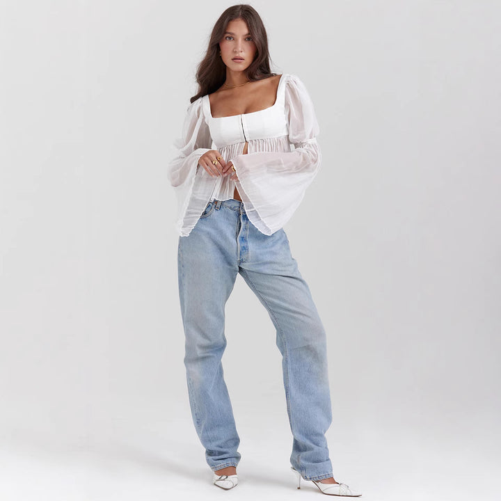 Dame Crop Bluse med Puffærmer Skovae
