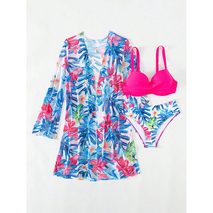 Dame Bikini-sæt med blomster kimono jakke og polstret top Stilla