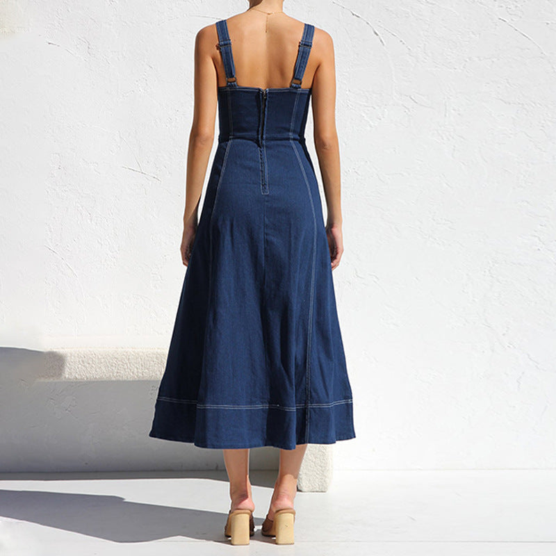 Dame Lang Denim-Kjole med Knapliste og Lommer Stilla