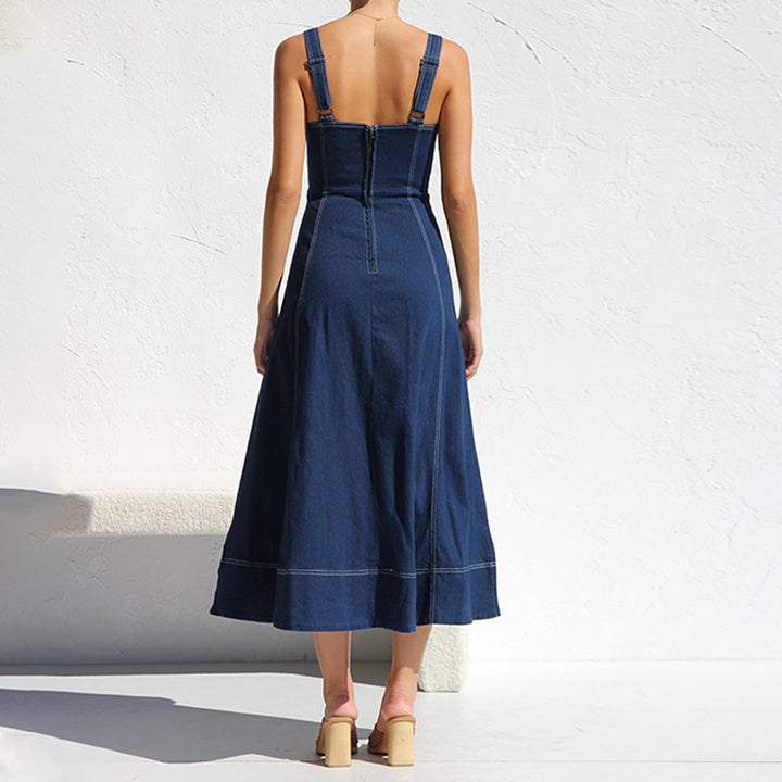 Dame Lang Denim-Kjole med Knapliste og Lommer Stilla